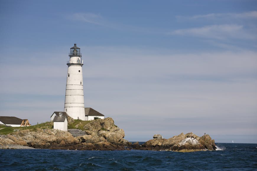 White lighthouse on one of the Boston Harbor Islands, Massachusetts