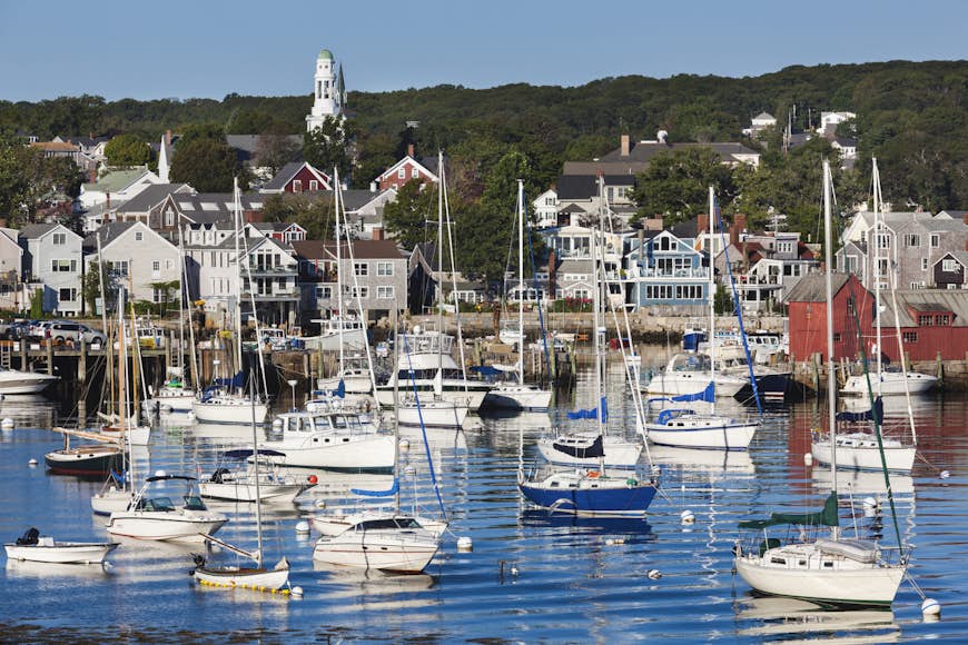 Sailboats docked at Cape Ann, Massachusetts, with buildings and trees on the land in the background