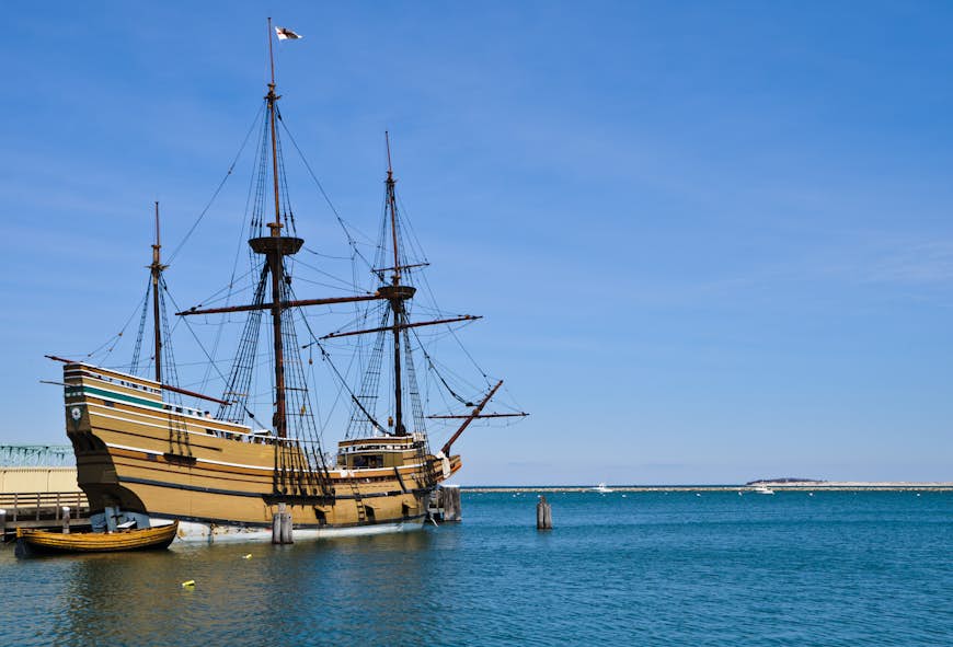 A replica of The Mayflower is docked in Plymouth, Massachusetts