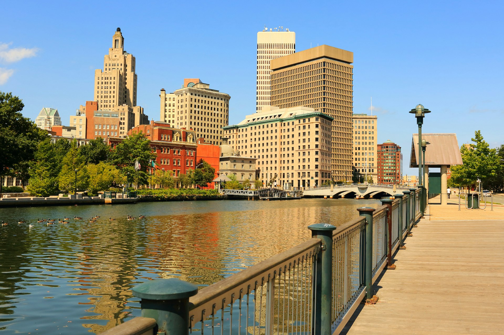Red and tan buildings of downtown Providence, Rhode Island, from across the water