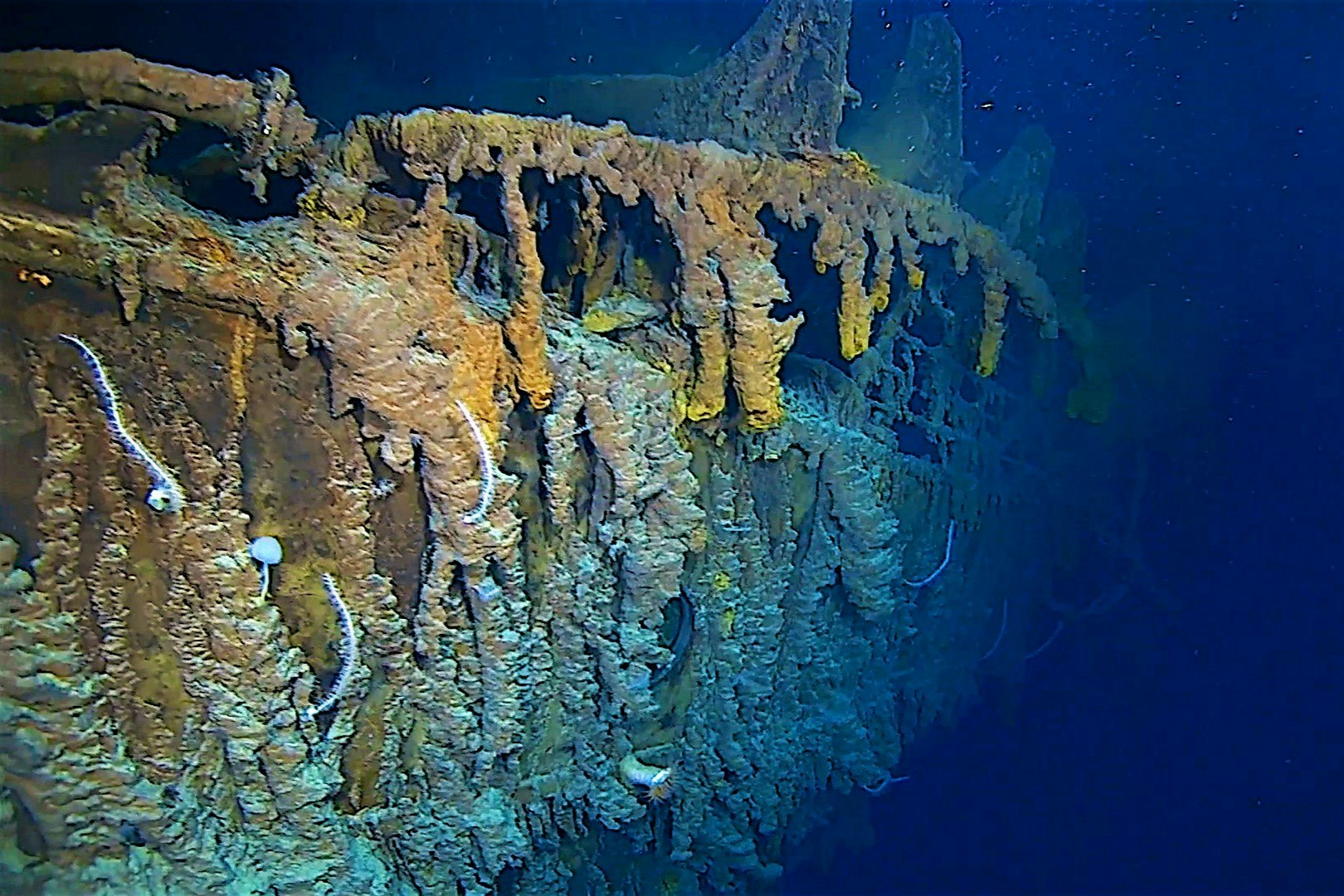 The wreck of the Titanic underwater.