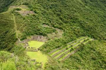 Choquequirao is an Incan site in south Peru, similar in structure and architecture to Machu Picchu. The ruins are buildings and terraces at levels above and below Sunch'u Pata, the truncated hill top