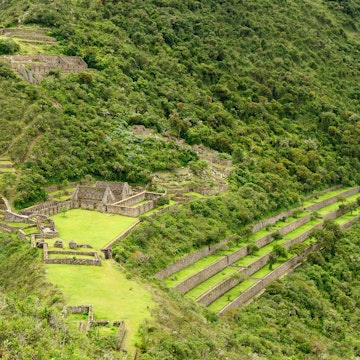 Choquequirao is an Incan site in south Peru, similar in structure and architecture to Machu Picchu. The ruins are buildings and terraces at levels above and below Sunch'u Pata, the truncated hill top