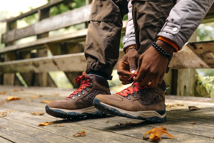 Lacing up fresh boots for a hike
