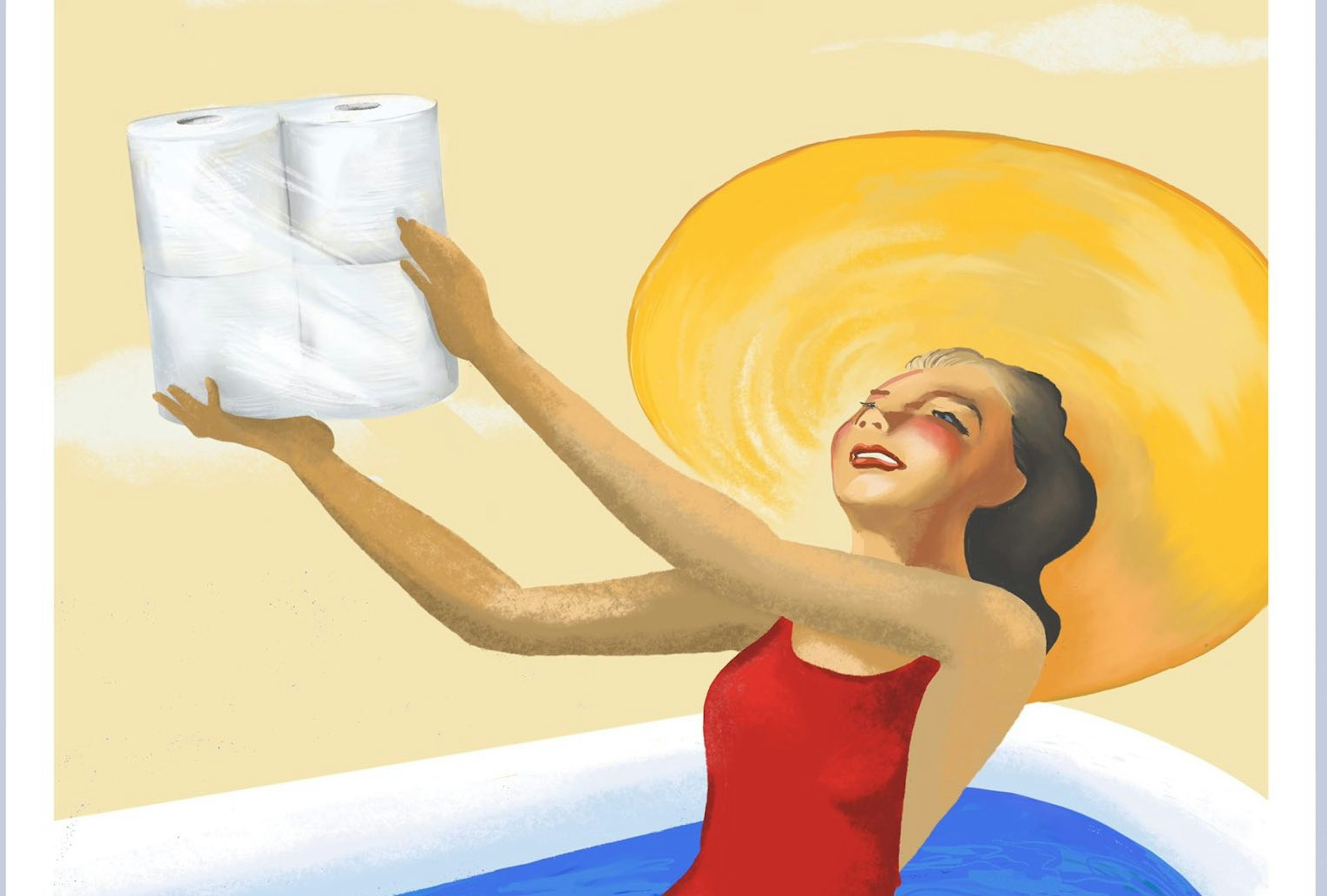 A vintage style illustration of a woman in a red swimsuit with a sun hat holding four rolls of toilet paper exultantly