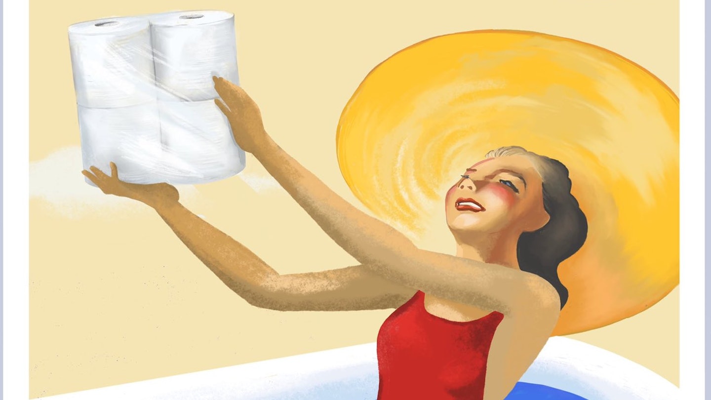 A vintage style illustration of a woman in a red swimsuit with a sun hat holding four rolls of toilet paper exultantly