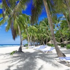 Beach on the tropical island. Clear blue water, sand and palm trees. Beautiful vacation spot, treatment and aquatics