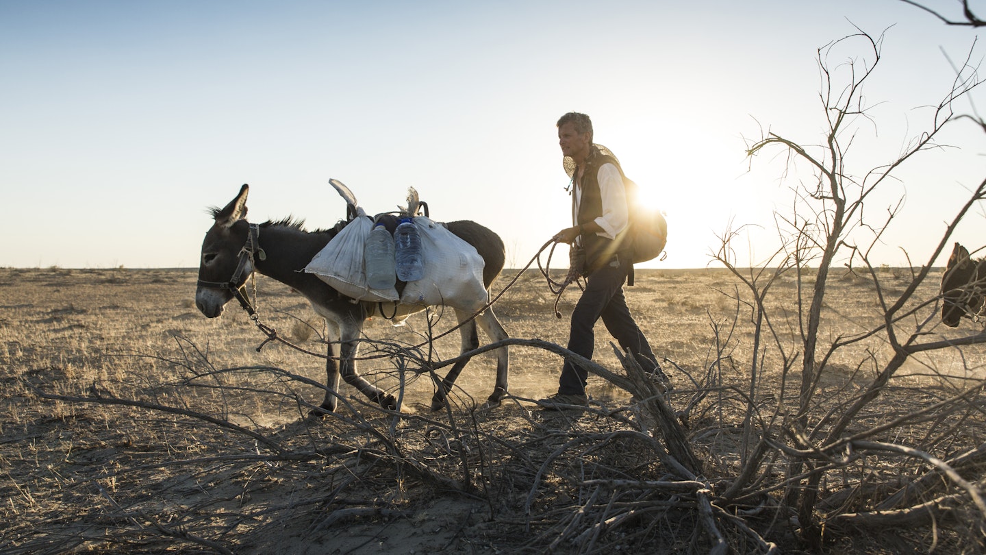 OUT OF EDEN WALK:PERMITTED USE: This image may be downloaded or is otherwise provided at no charge for one-time use for coverage or promotion of the National Geographic Fellow Paul Salopek and the Out of Eden Walk. Copying, distribution, archiving, sublicensing, sale, or resale of the image is prohibited. REQUIRED CREDIT AND CAPTION: Any and all image uses must (1) be properly credited to the relevant photographer, as shown in this metadata, and (2) be accompanied by a caption, which makes reference to the National Geographic Fellow Paul SalopekYou MUST follow these requirements if using the images: 1. Include mandatory photo credit with each image2. Provide a prominent link to: http://outofedenwalk.nationalgeographic.com/ with a mention that people can follow the the Out of Eden Walk in real-time online3. Identify Paul Salopek as a National Geographic Fellow..Photograph by John Stanmeyer / National Geographic.Racing the heat in the early morning hours, Paul Salopek walks 250 miles across the remote Kyzyl Kum desert of Uzbekistan en route to China.