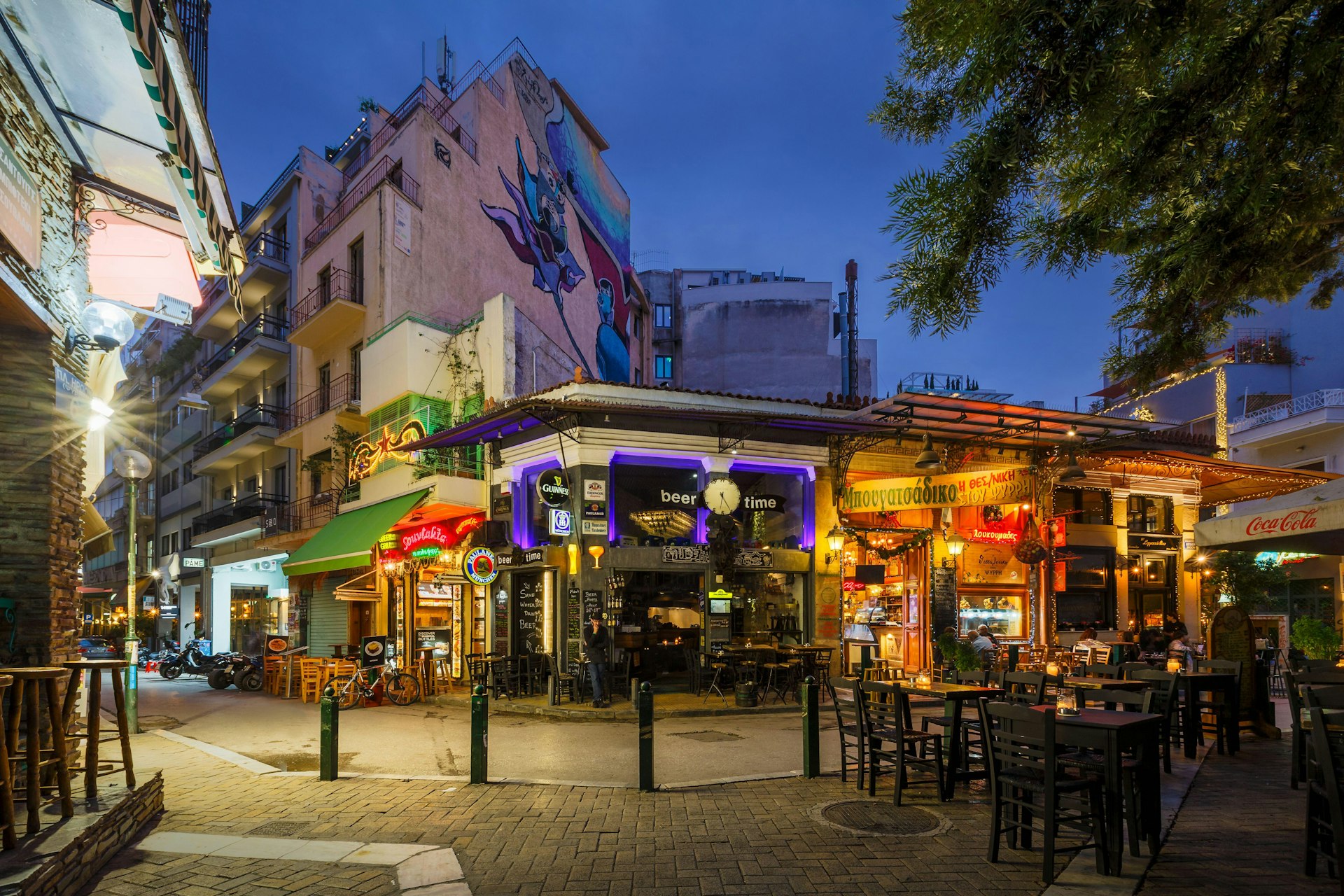 Bars and coffee shops in Psirri neighbourhood in central Athens, Greece.