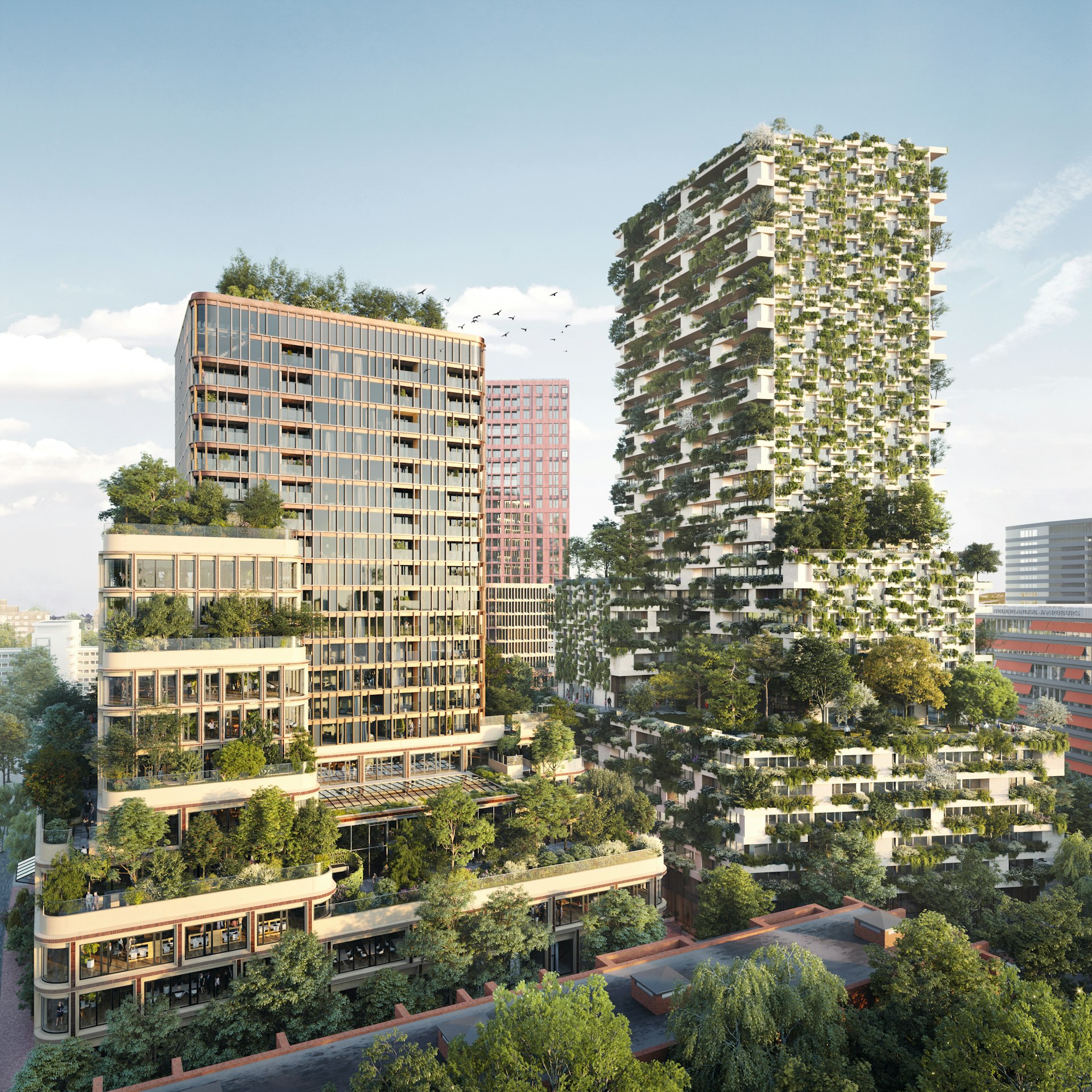 Rendering of green urban development of high-rises with green roofs and facades
