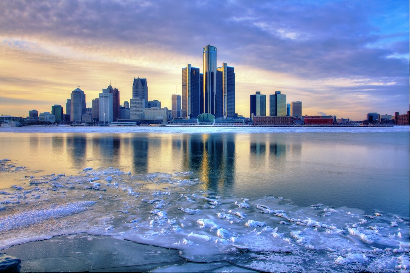 Detroit skyline and Detroit River at sunset in Michigan, USA.