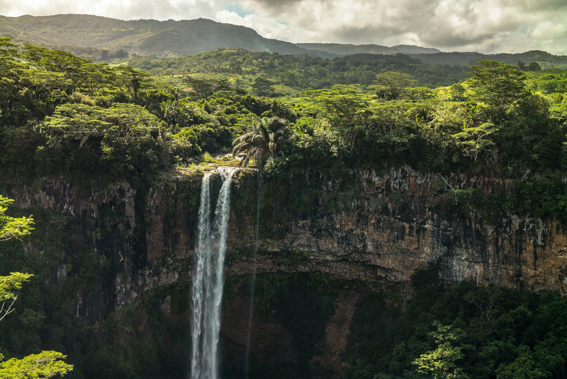 A waterfall pours out of a green jungle. 