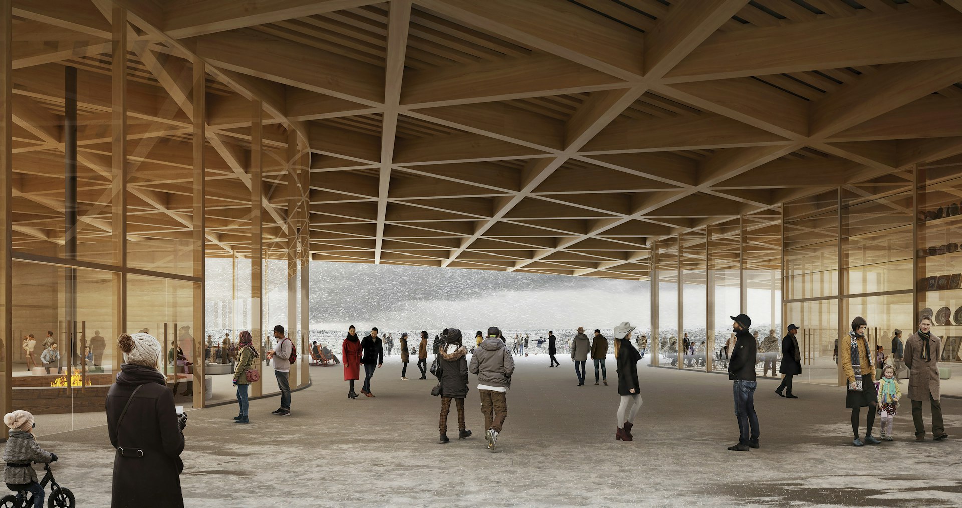 Timber-clad interior pathway of the Theodore Roosevelt Library