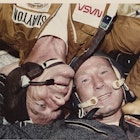 Two crewmen of the joint US-USSR Apollo-Soyuz Test Project pictured during the mission, July 1975. They are Donald K 'Deke' Slayton (left), the American Docking Module Pilot, and Alexei Arkhipovich Leonov, the Soviet mission Commander. (Photo by Space Frontiers/Getty Images)