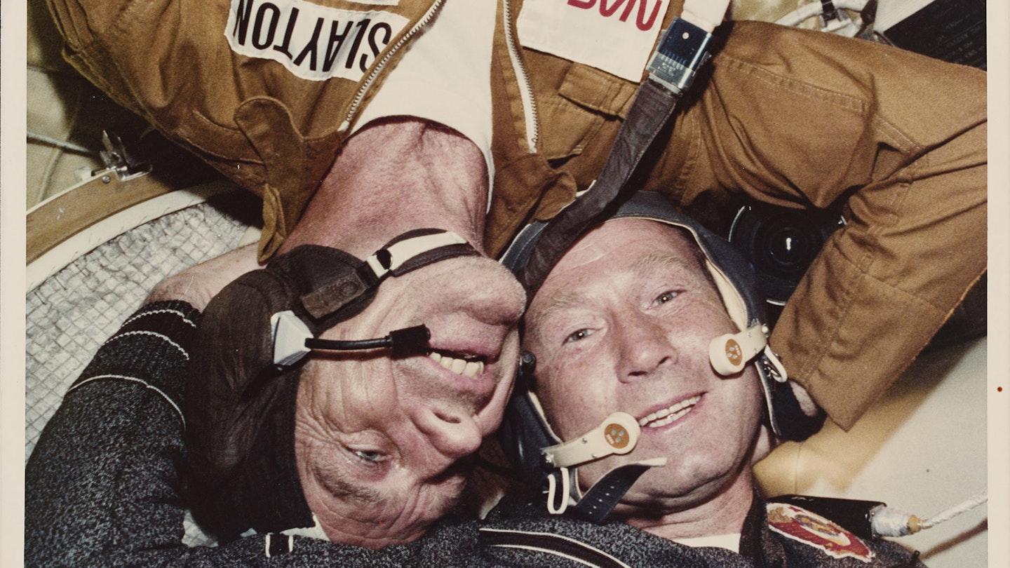 Two crewmen of the joint US-USSR Apollo-Soyuz Test Project pictured during the mission, July 1975. They are Donald K 'Deke' Slayton (left), the American Docking Module Pilot, and Alexei Arkhipovich Leonov, the Soviet mission Commander. (Photo by Space Frontiers/Getty Images)