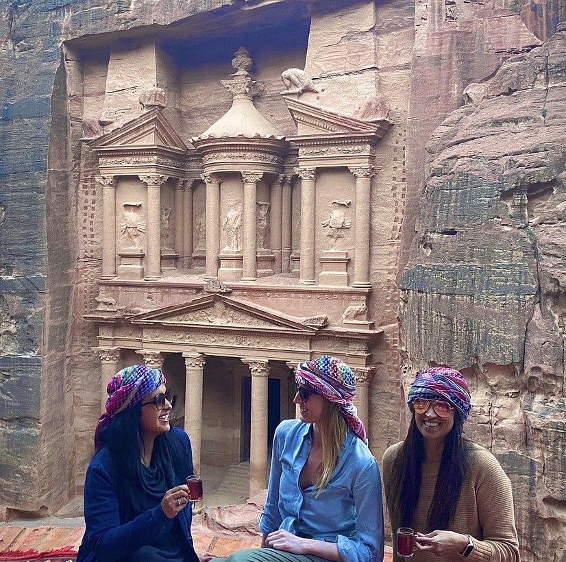 Aparna Shewakramani and friends in traditional Bedouin headscarves in Wadi Rum