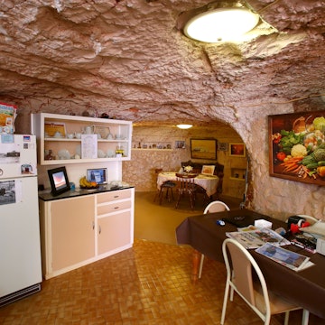 COOBER PEDY, AUSTRALIA - OCTOBER 22: The kitchen area is seen inside Faye's Underground Home on October 22, 2015 in Coober Pedy, Australia.This three bedroom dugout as locals call underground homes, was hand excavated by Faye Nayler with the help from two of her female friends using picks and shovels. It is still private residence used by the caretakers who run guided tours of the home. (Photo by Mark Kolbe/Getty Images)