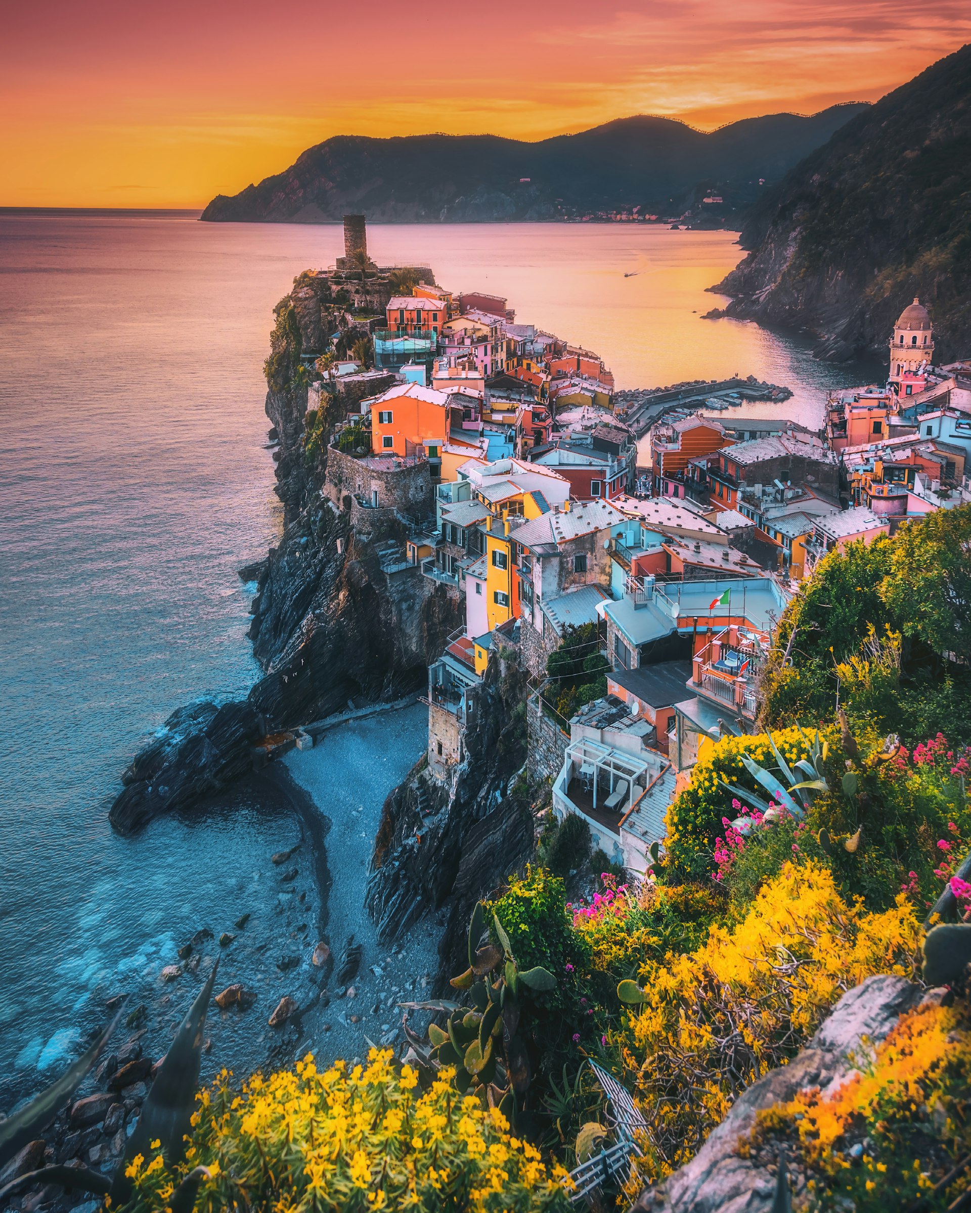 A colorful sunset in Vernazza in Cinque Terre.