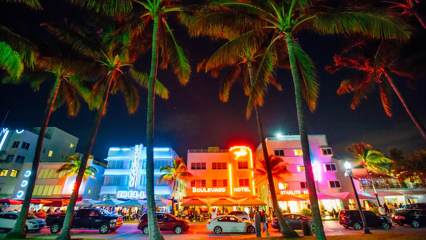Ocean Drive and Art Deco District in South Beach, Miami at night, Florida, USA