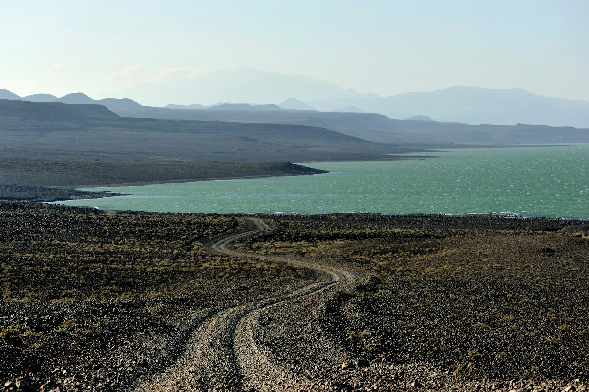 Road along the rocky shore of Lake Turkana, North Kenya