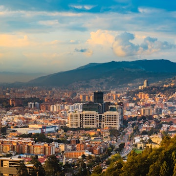 The Barrio de Usaquen, as seen from La Calera in Bogota during sunset. The congested road in the foreground is Carrera Septima.