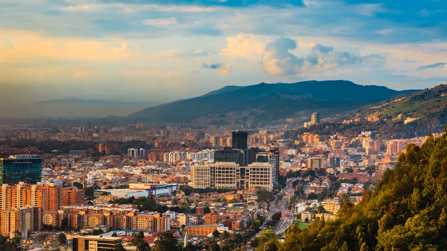 The Barrio de Usaquen, as seen from La Calera in Bogota during sunset. The congested road in the foreground is Carrera Septima.