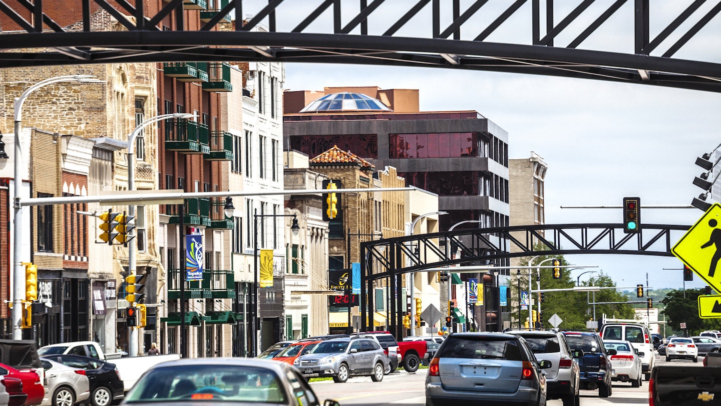 Traffic in downtown Topeka.