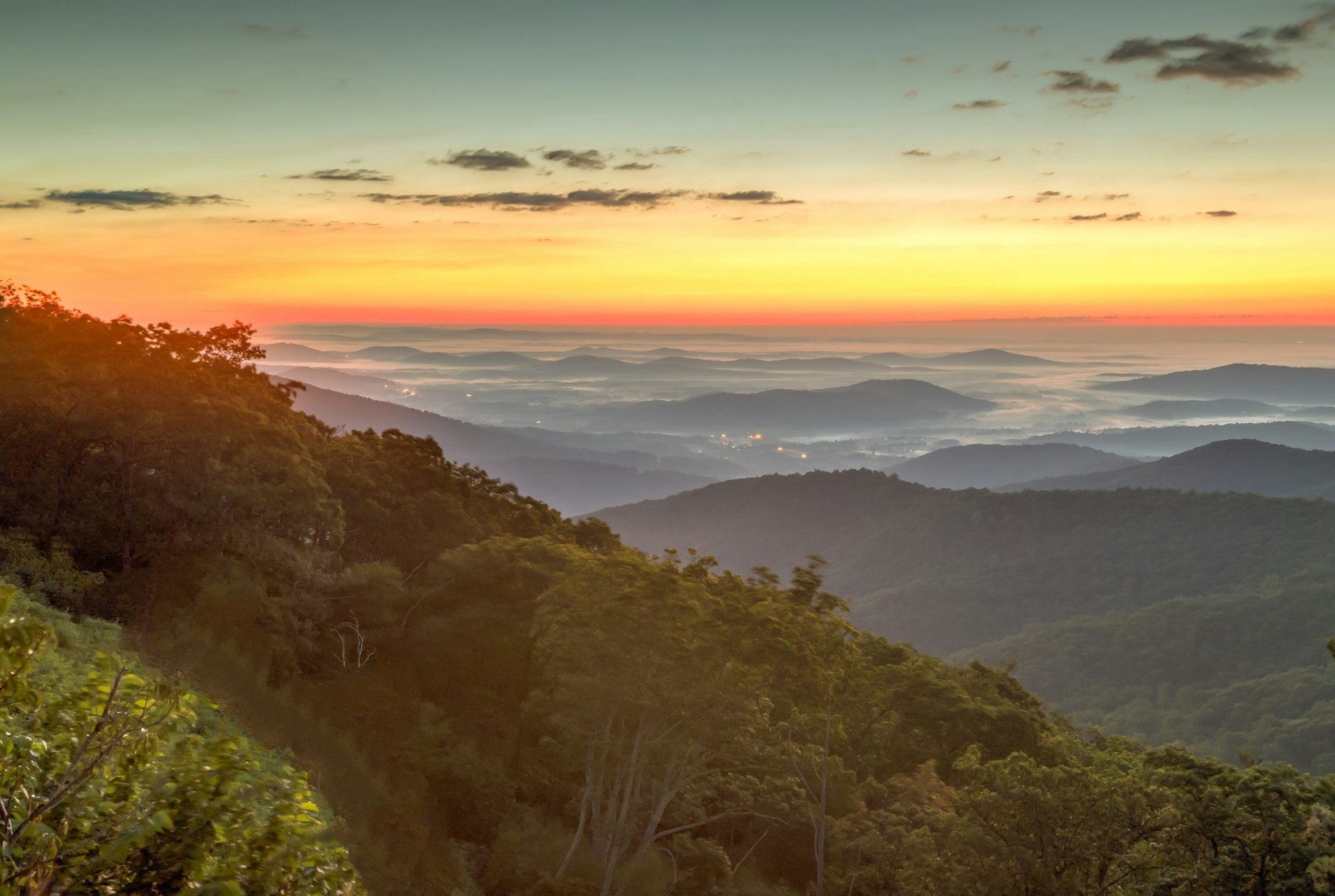 The Blue Ridge Mountains at twilight, as seen from Skyline Drive in Shenandoah National Park.