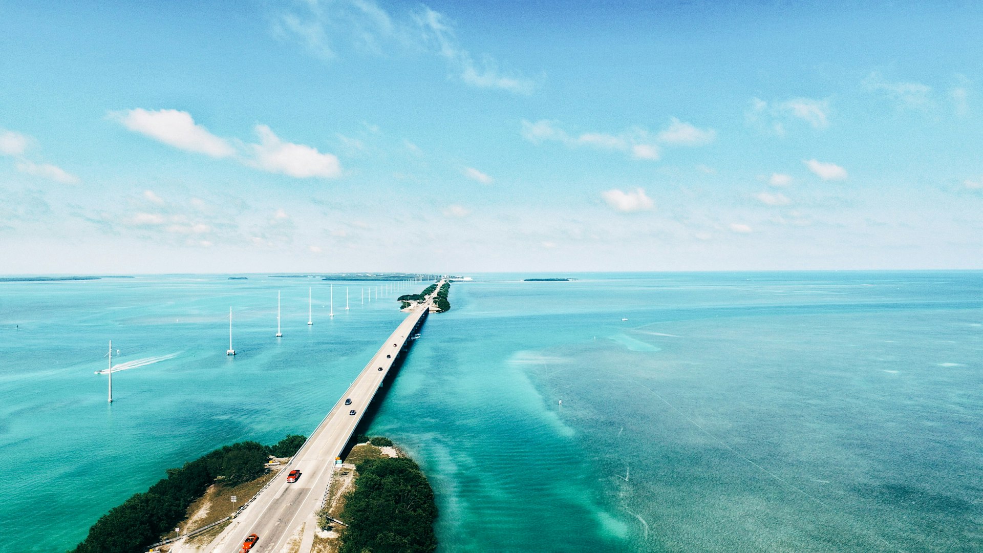 A scenic view of the Overseas Highway, stretching out over turquoise waters in Islamorada, Florida