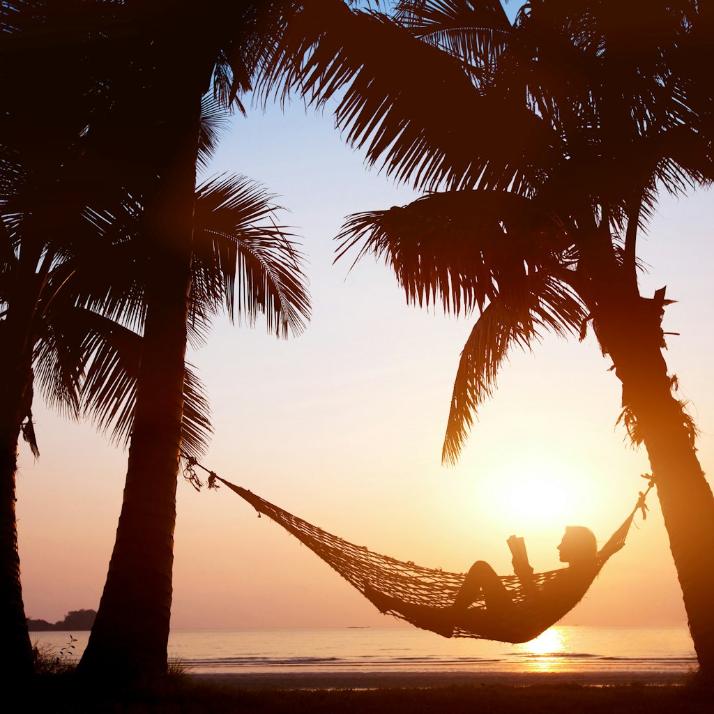 Silhouette of a woman relaxing in a hammock on a beach during sunset. 