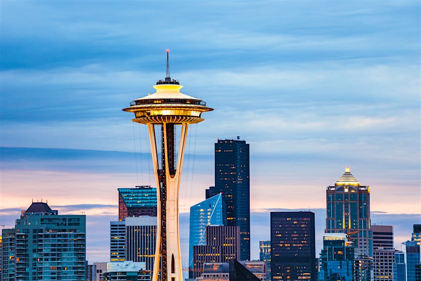 The Space Needle and skyline at dawn, Seattle, USA The Space Needle and skyline at dawn, Seattle, USA