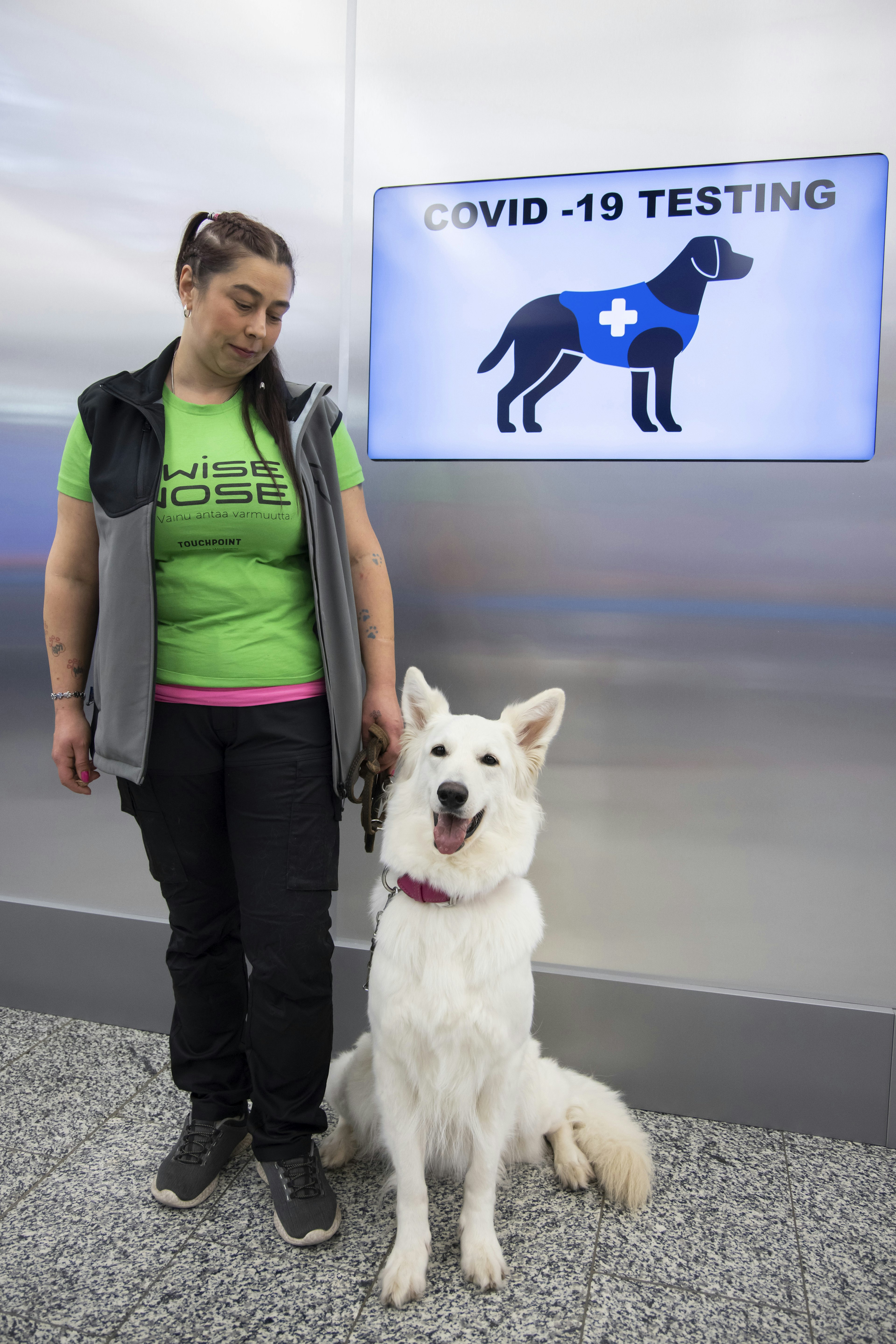 COVID-19 sniffer dog at a press conference held at Helsinki Vantaa International Airport in Finland