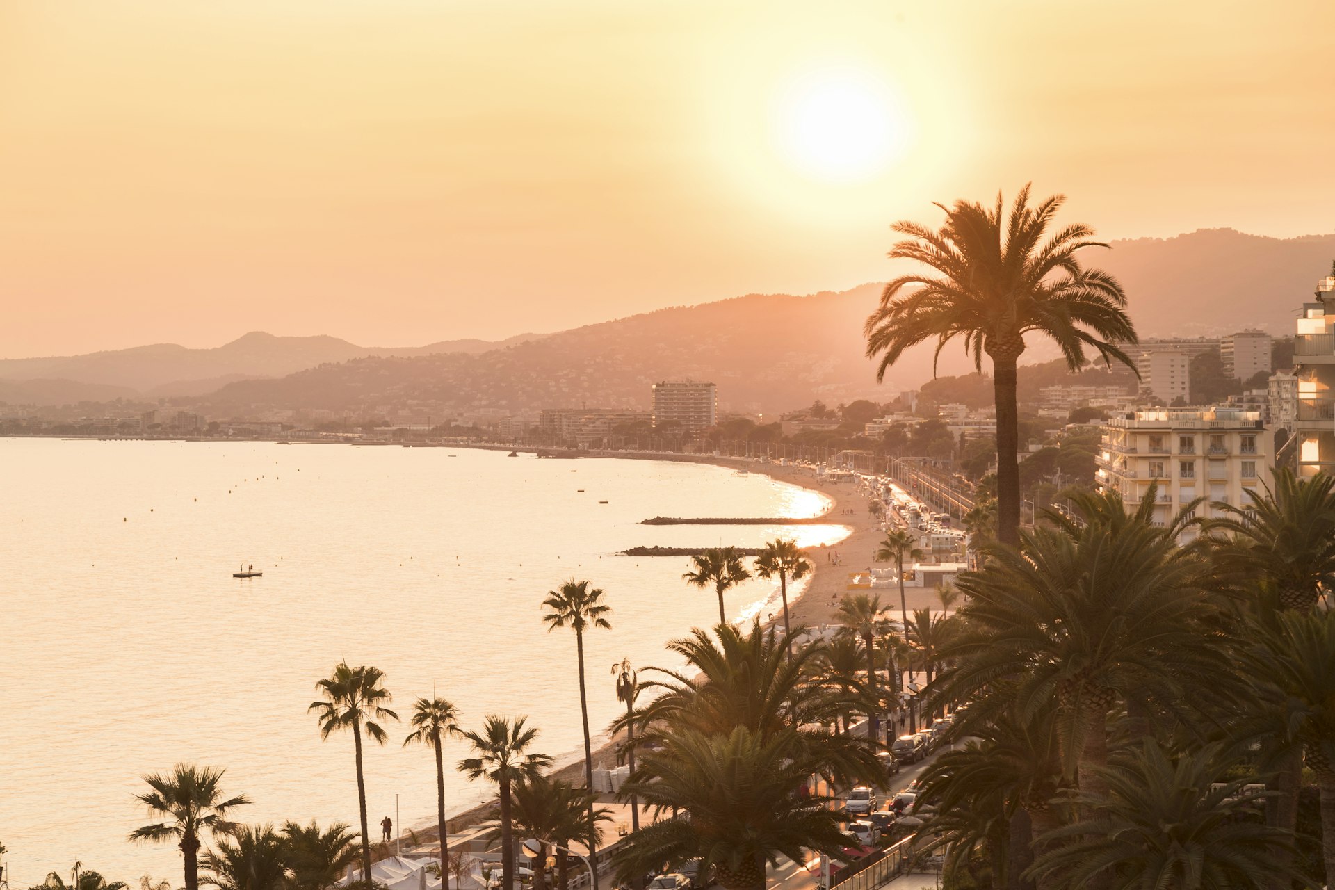A sunset shot of a beach, with the city behind it. The palm trees are silhouettes dominating the shot