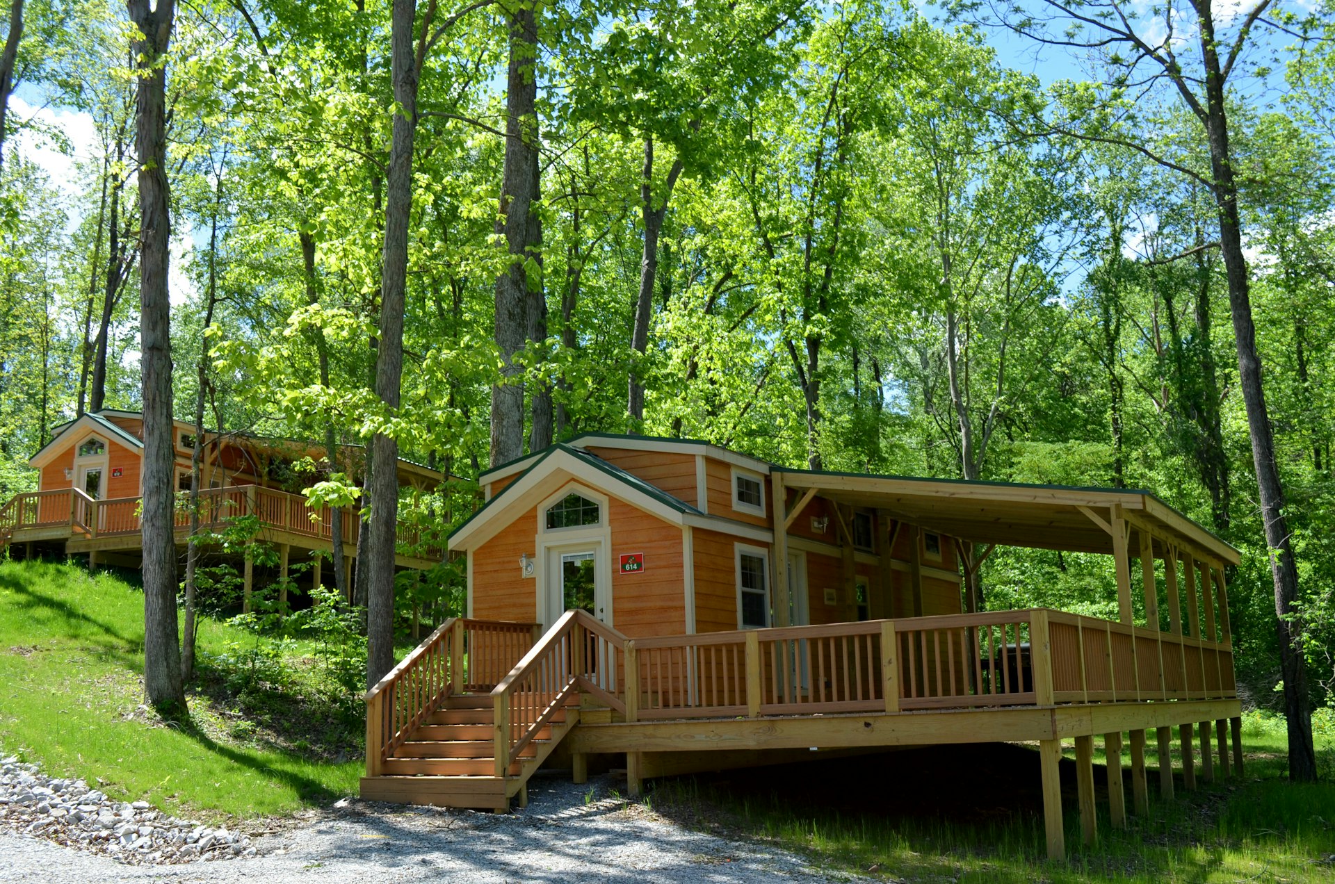 Cabins among trees at Lake Rudolph Campground, Indiana