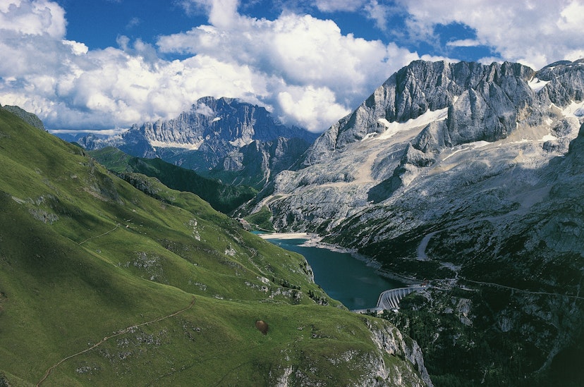 ITALY - MAY 05:  Marmolada (3342 metres) and Lake Fedaia, Mount Civetta in the background, Dolomites (UNESCO World Heritage List, 2009), Trentino-Alto Adige, Veneto, Italy. (Photo by DeAgostini/Getty Images)