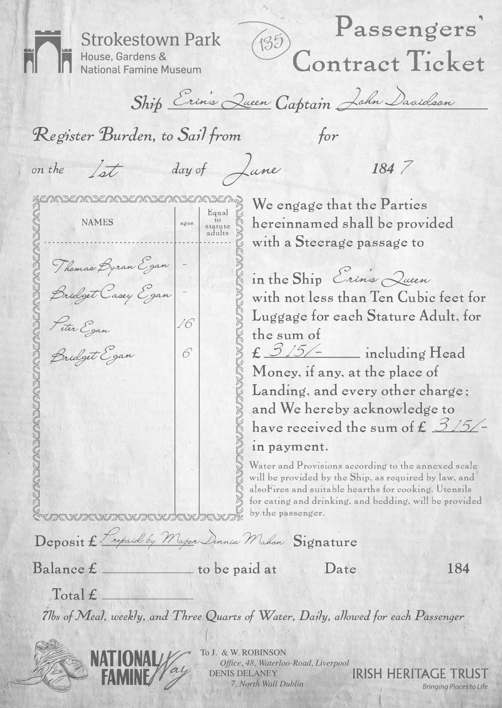 A replica passenger ticket for a ship in 1847