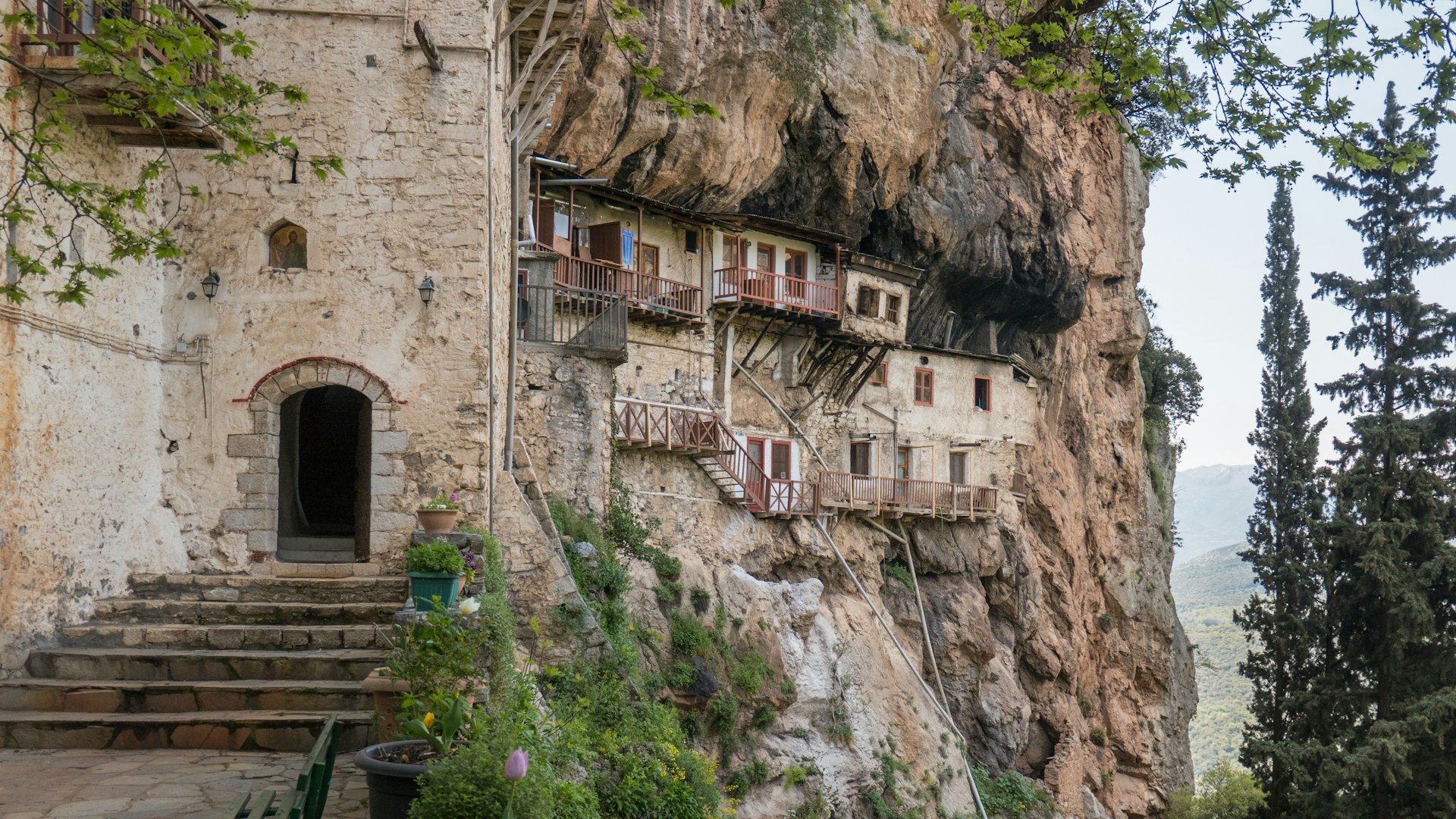 The Prodromou Monastery at Lousios Gorge is carved into the side of rock 