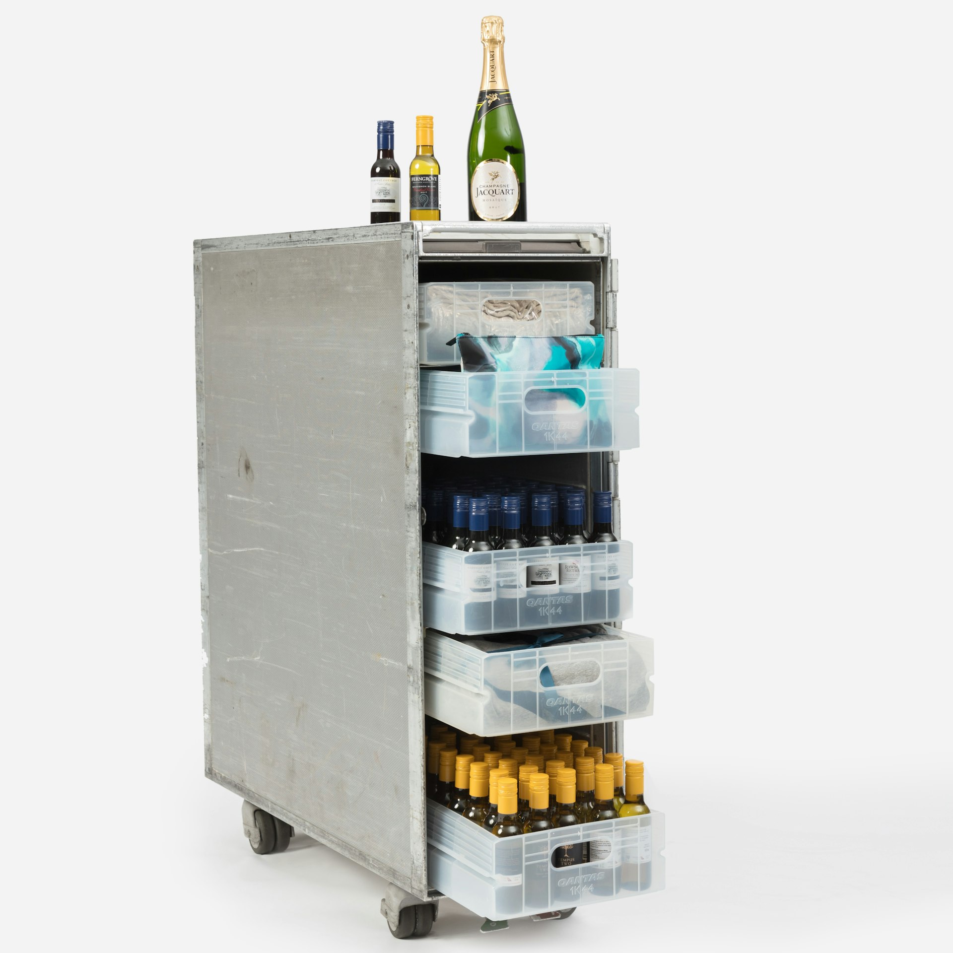 A Qantas bar cart filled with food and drink