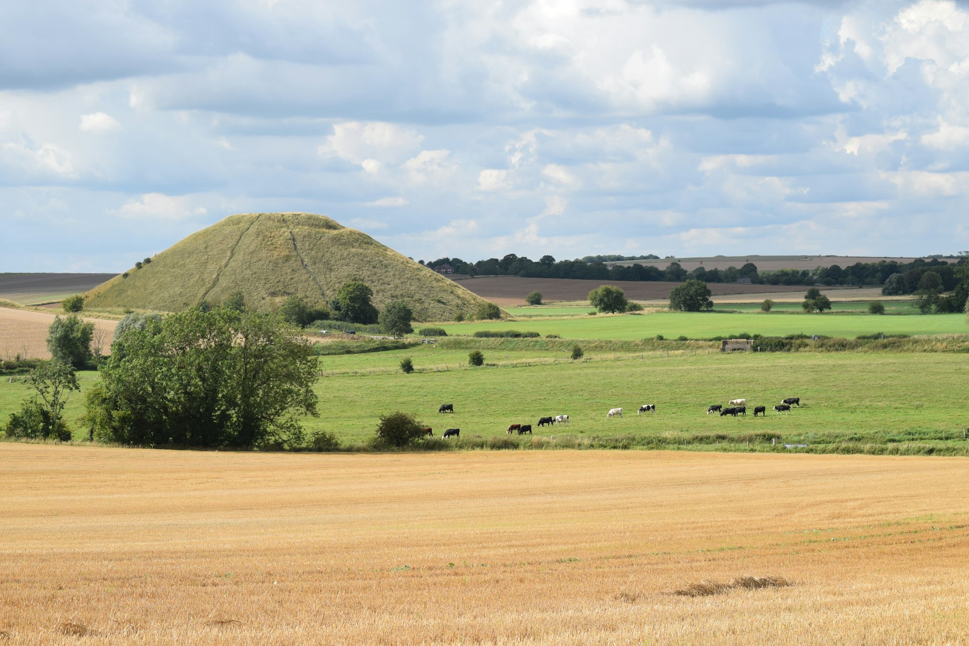 A large hill-like mound of earth covered in grass in an otherwise completely flat arable landscape