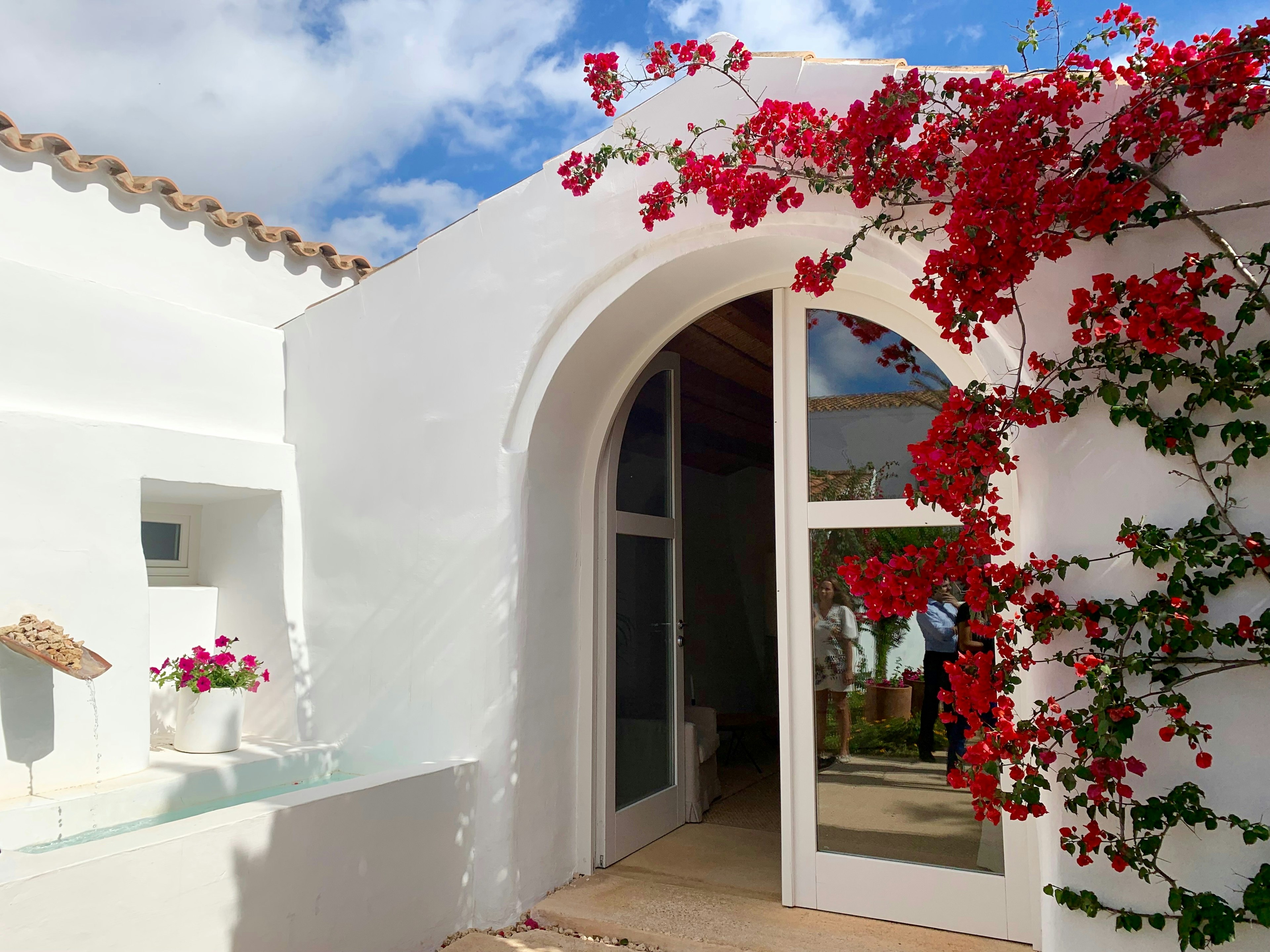 A doorway in a white-walled stone building, with red flowers creeping down the walls