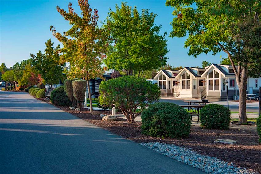 A row of cabins at Wine Country RV Resort