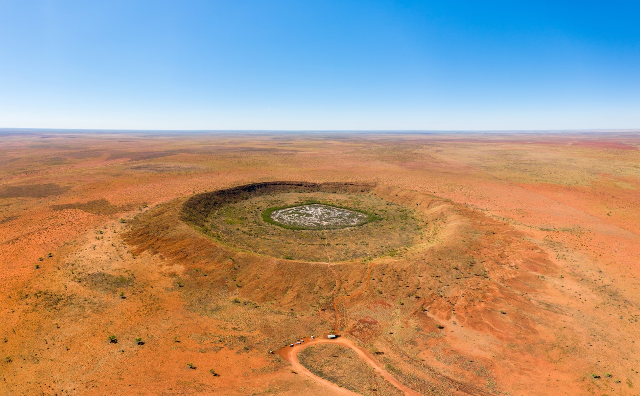 An aerial drone photograph from wolfe creek crater in Western Australia