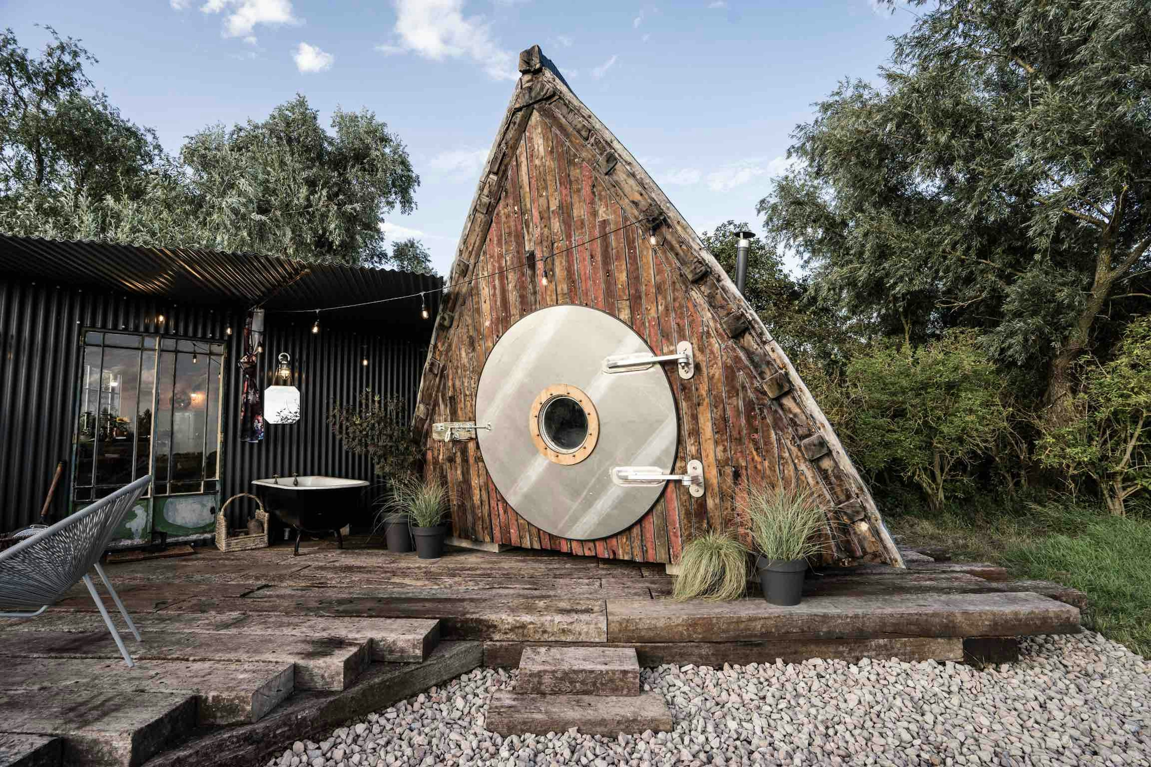 A picture of the boat house and the adjacent cabin