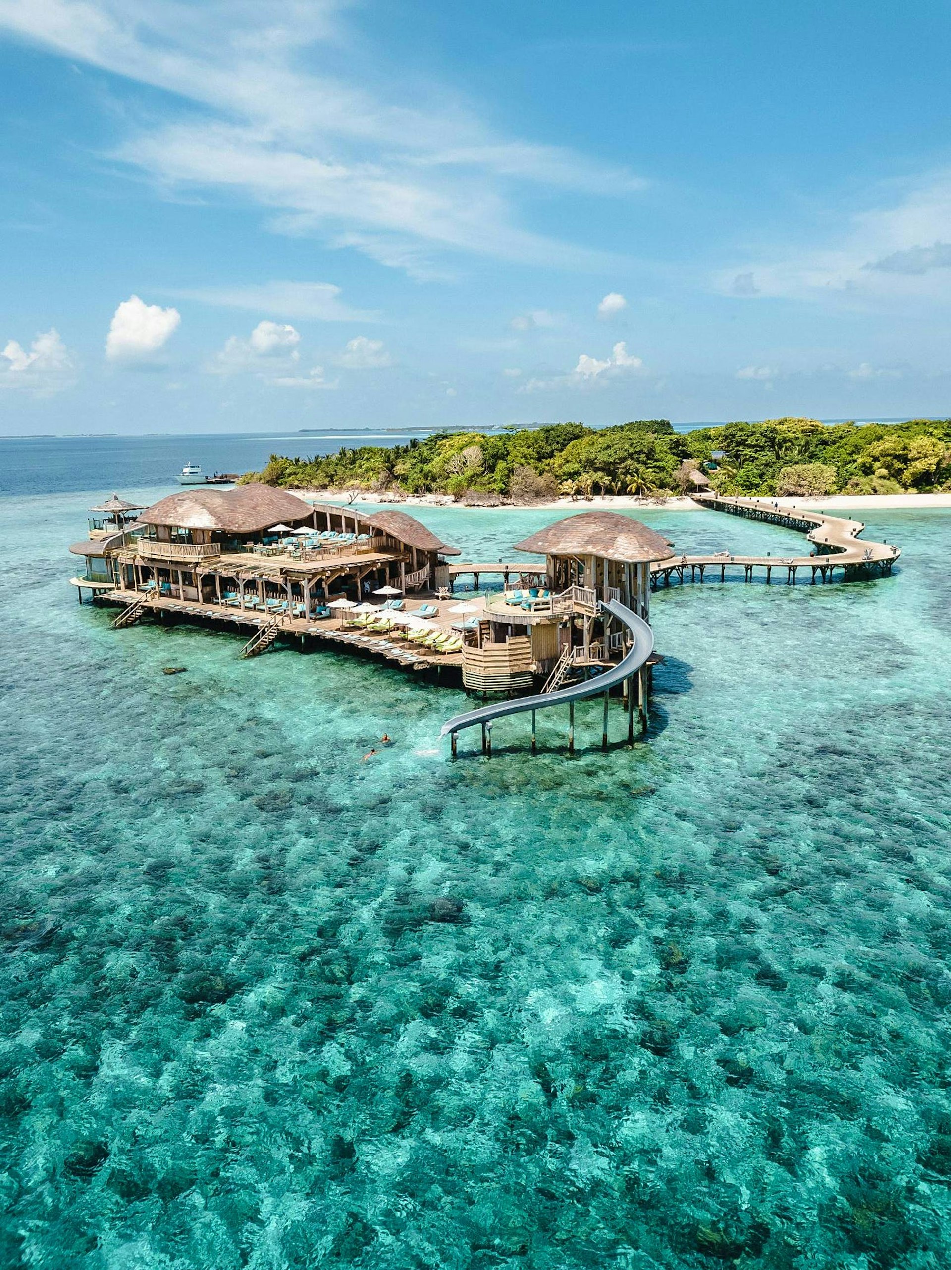 Aerial view of Soneva Fushi resort in the Maldives