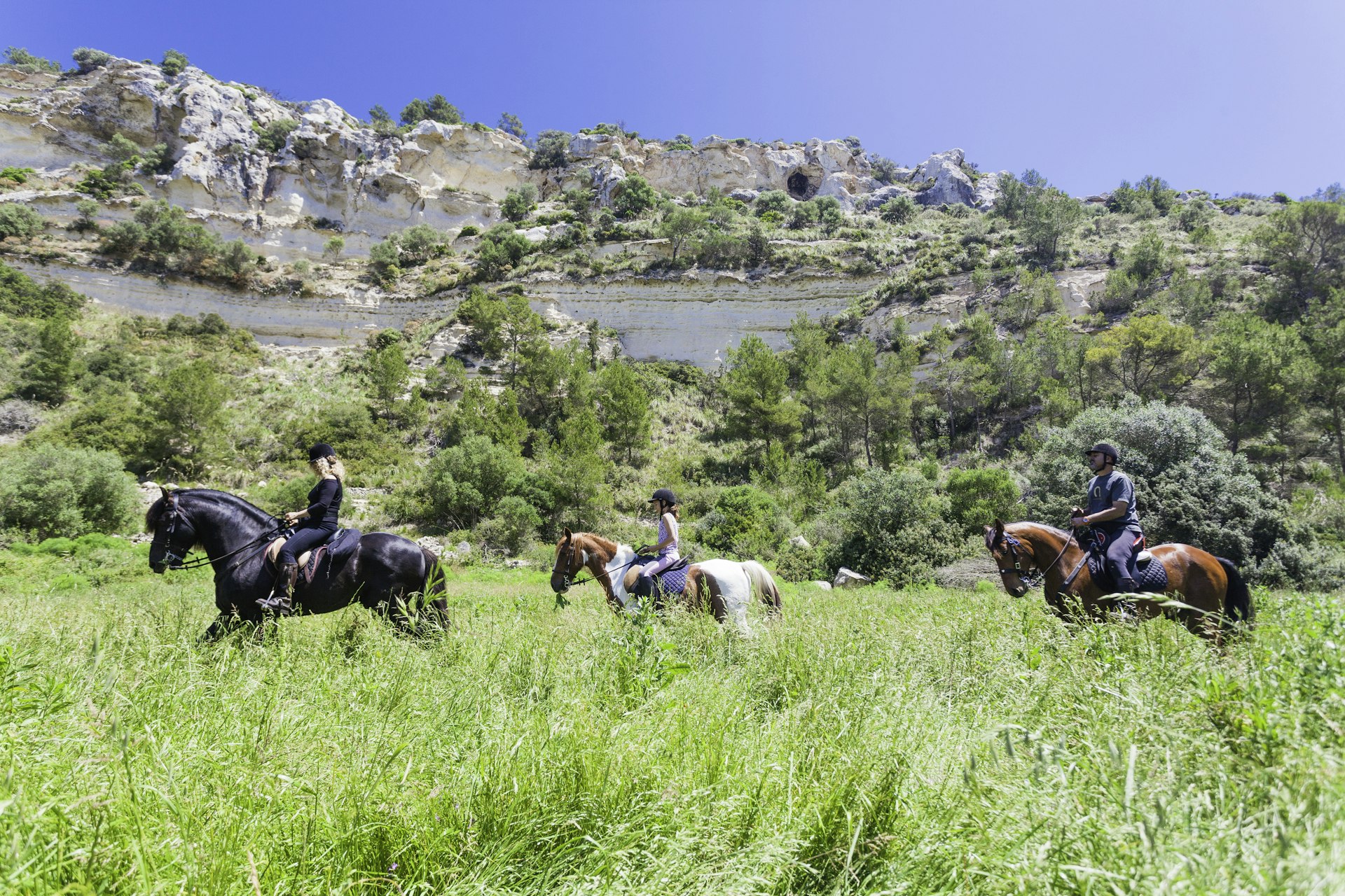 Three horseback riders following a trail through long grass, with steep cliffs rising behind them