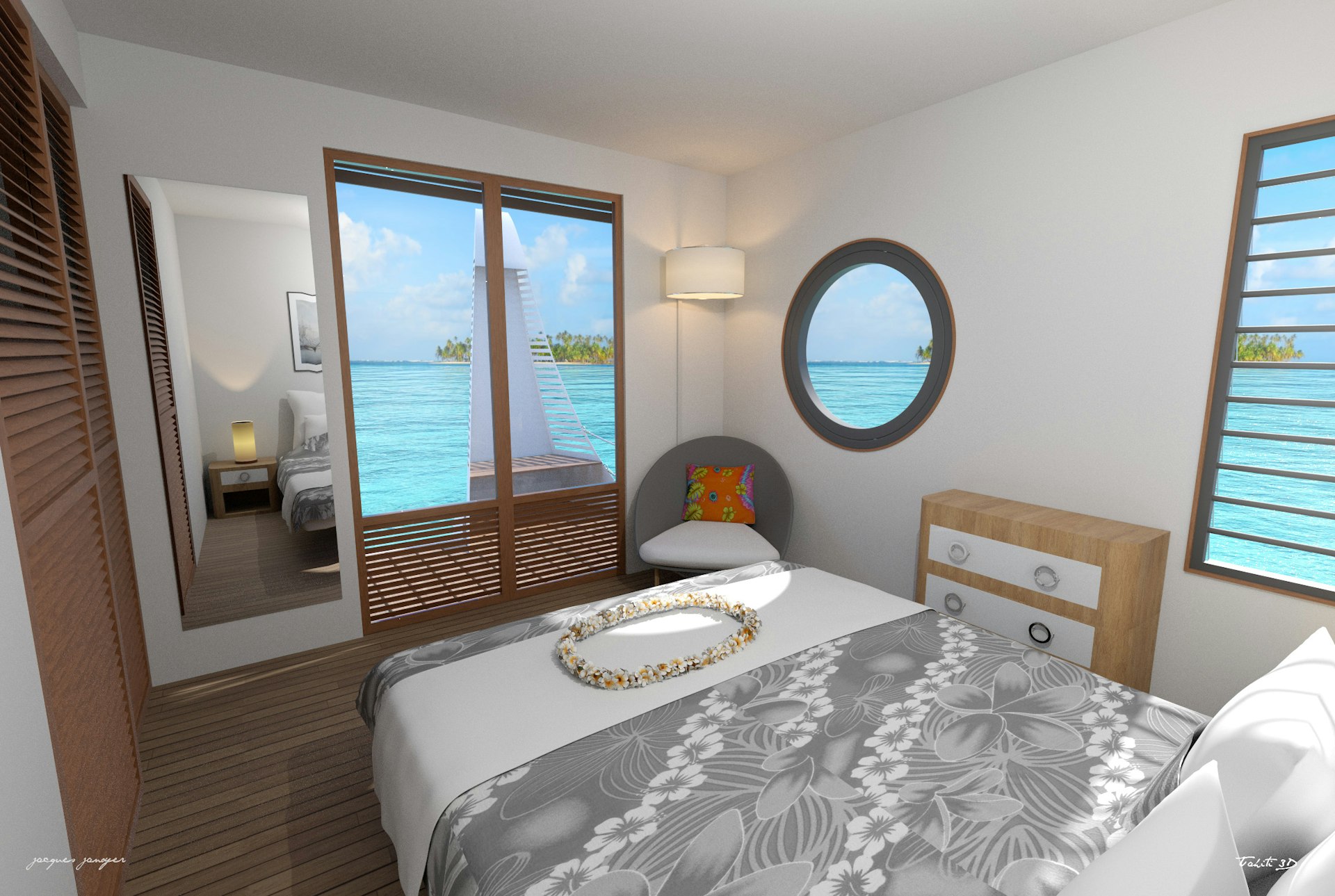 A digital rendering of one of the catamaran's double bedrooms