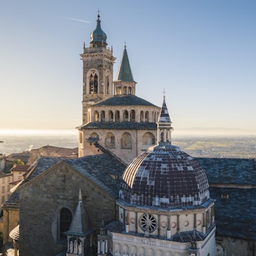 View over the Saint Mary Major (Santa Maria Maggiore) Basilica and Colleoni Chapel in Upper Town (Città Alta), in Bergamo.