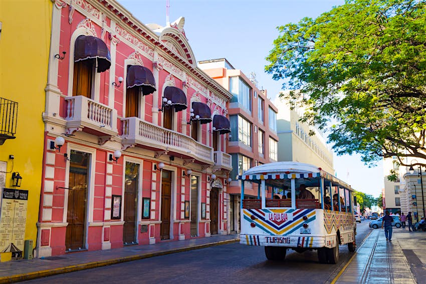 A tourist bus drives past colourful facades in the picturesque town of Merida
