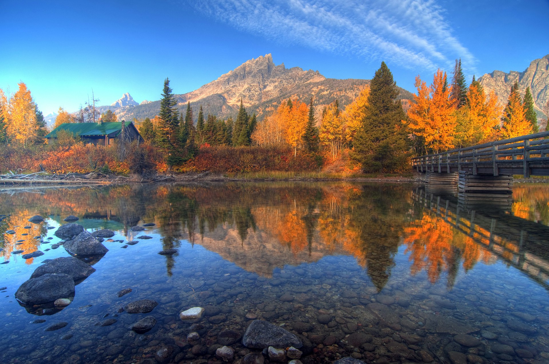 Teton mountain range reflection on Jenny Lake during autumn