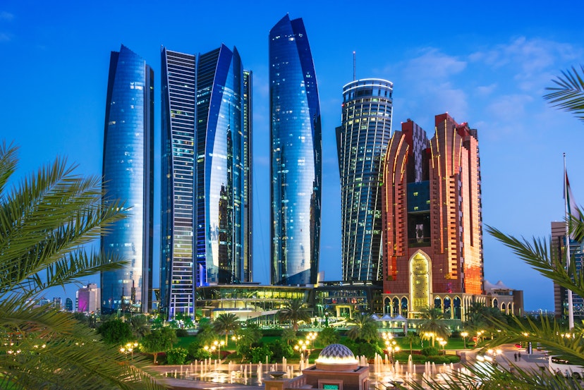 ABU DHABI, UNITED ARAB EMIRATES - FEB 13, 2019: Etihad Towers in Abu Dhabi, United Arab Emirates after sunset